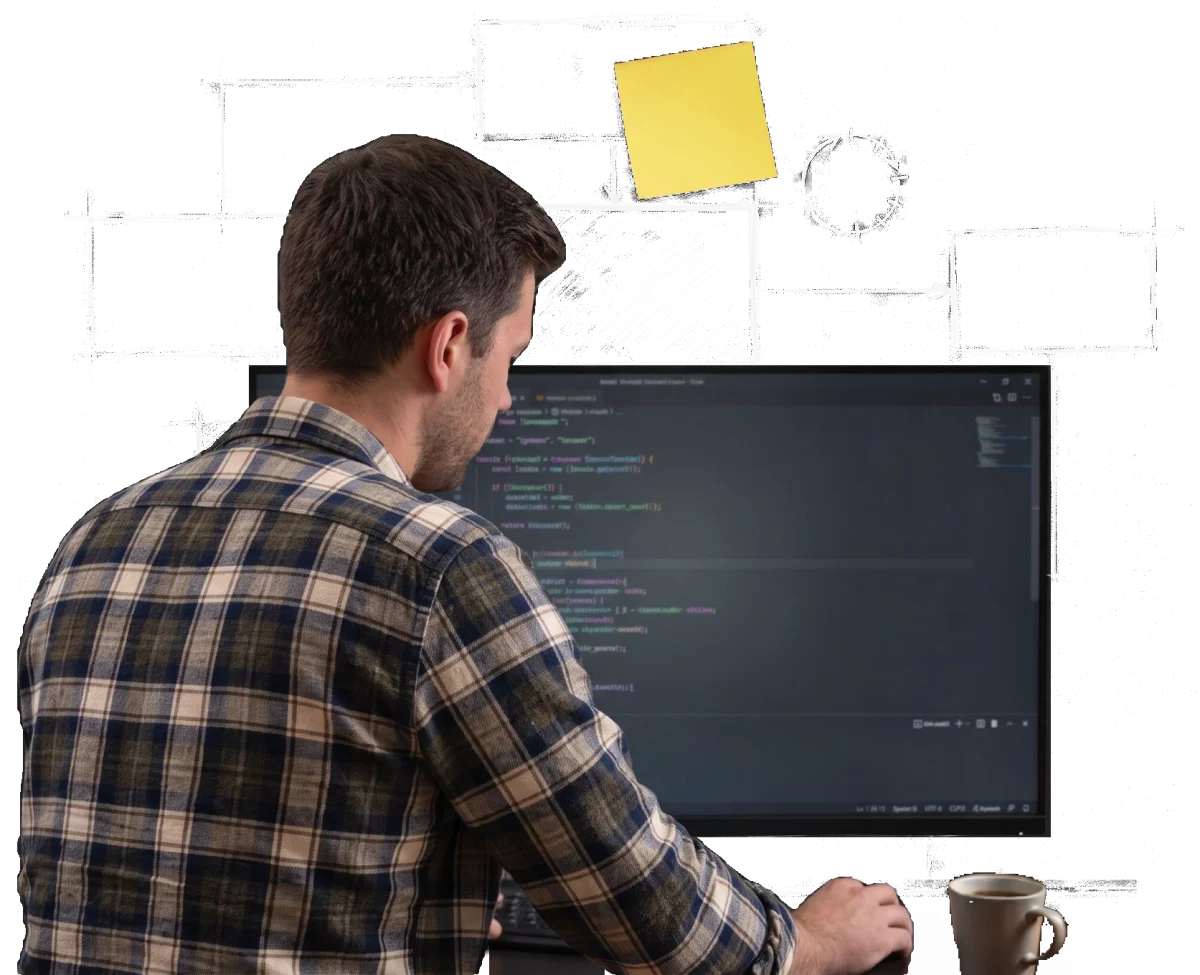 Person im karierten Hemd von hinten am Bildschirm mit Code; dahinter ein gezeichnetes Systemdiagramm aus verbundenen Kästen mit einer gelben Haftnotiz