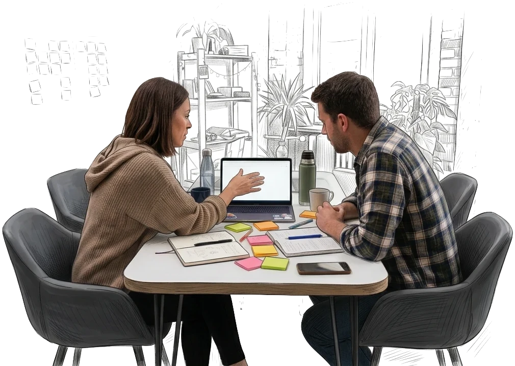 Zwei Personen beraten sich an einem Tisch mit Laptop, Notizbuch und Haftnotizen; der Raum dahinter ist als Skizze gezeichnet